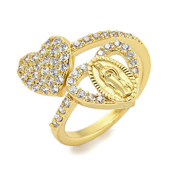 Heart & Virgin Mary Rack Plating Brass Micro Pave Cubic Zirconia Cuff Rings for Women, Cadmium Free & Lead Free, Long-Lasting Plated, Real 18K Gold Plated, Inner Diameter: US Size 7 1/4(17.5mm)