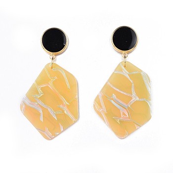 Brass Stud Earrings, with Enamel, 304 Stainless Steel Findings and Cellulose Acetate(Resin) Pendants, Real 18K Gold Plated, 56mm, Pendant: 38x29x2.5mm, Pin: 0.9mm