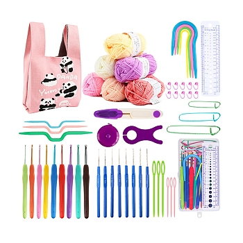 Crochet Kits with Yarn Set for Beginners Adults Kids, Knitting Tool Accessories with Panda Pattern Carry Bag, Crochet Starter Kit, Pink, Packing: 35x20x9cm
