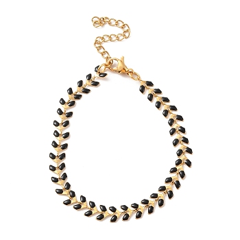 Enamel Ear of Wheat Link Chains Bracelet, Vacuum Plating 304 Stainless Steel Jewelry for Women, Black, 6-7/8 inch(17.6cm)
