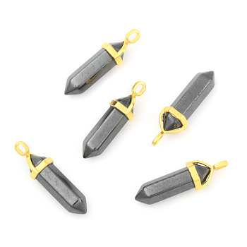 Natural Black Stone Bullet Double Terminated Pointed Pendants, with Golden Tone Random Alloy Pendant Hexagon Bead Cap Bails, 37~40x12.5x10mm, Hole: 3x4.5mm