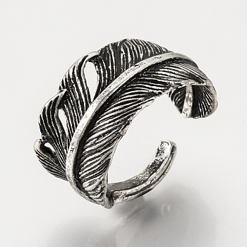 Adjustable Alloy Cuff Finger Rings, Wide Band Rings, Feather, Antique Silver, 18.5mm
