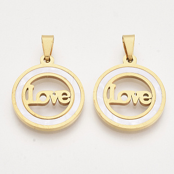 Valentine's Day Theme 201 Stainless Steel Pendants, with Shell and Random Size Snap on Bails, Flat Round with Word Love, Golden, 23x20x2mm, Hole: 7~10x3~5mm