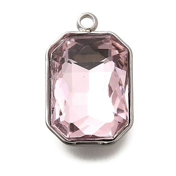 304 Stainless Steel Pendants, with Rhinestone, Stainless Steel Color, Rectangle, Light Amethyst, 18.5x11.5x5.5mm, Hole: 1.8mm