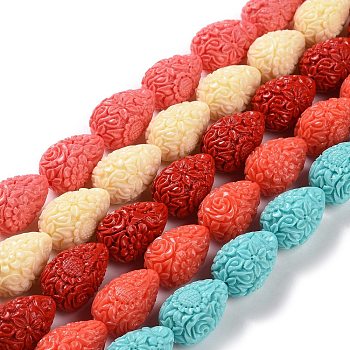Dyed Synthetical Coral Teardrop Shaped Carved Flower Bud Beads Strands, Mixed Color, 21x14x14mm, Hole: 1mm, about 16pcs/strand, 13 inch