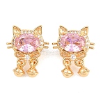 Brass Micro Pave Cubic Zirconia Beads, Nickel Free, Cat Shapes, Real 18K Gold Plated, Pink, 17x14x7mm, Hole: 1.8mm(KK-A298-13G-01)