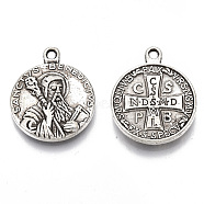 Tibetan Style Alloy Pendants, Cadmium Free & Lead Free, Flat Round with Saint & Word, Antique Silver, 21.5x17.5x3mm, Hole: 1.6mm, about 350pcs/1000g(TIBE-S320-033AS-LF)