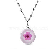 SHEGRACE Rhodium Plated 925 Sterling Silver Round Pendant Necklaces, with Flower Pattern, Spring Clasps, Platinum, 17.7 inch(JN370A)