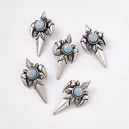 Natural Aquamarine Pendants, Dart Charms, with Antique Silver Color Brass Findings, 39.5x21x15.5mm, Hole: 3.5x10mm(KK-A173-16AS-03)