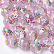 Printed & Spray Painted Transparent Glass Beads, Round with Flower Pattern, Pink, 10~10.5x9.5mm, Hole: 1.6mm(GLAA-S047-04B-04)