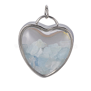 Natural Aquamarine Chips Pendants, with Platinum Tone Brass Glass Findings, Heart, 37x32x18~18.5mm, Hole: 6mm(G-A176-B10)