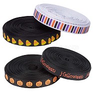 4 Rolls 4 Styles Halloween Theme Polyester Ribbon, Clothing Accessories, for Sewing and Art Craft Decoration, Flat, Pumpkin & Stripe & Word & Candy Corn Pattern, Mixed Color, 3/8 inch(10mm), 10 yards/roll, 1 roll/style(OCOR-GF0002-62)