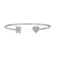 Heart & Letter Rhodium Plated 925 Sterling Silver Micro Pave Cubic Zirconia Cuff Bangles for Women, Letter N, 0.2~0.8cm, Inner Diameter: 1-7/8x2-1/4 inch(4.85x5.65cm) (BJEW-C062-01N-P)