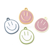 Spray Painted Alloy Pendants, Cadmium Free & Nickel Free & Lead Free, Flat Round with Smiling Face Pattern Charm, Mixed Color, 25x20x1.5mm, Hole: 2mm(FIND-C016-01)