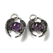 Bat Natural Amethyst Pendants, Rack Plating Brass Halloween Charms, Cadmium Free & Lead Free, Antique Silver, 27x22x9.5mm, Hole: 6mm(G-F766-03AS-08)