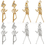 Nbeads 8Pcs 4 Style Halloween Brass Micro Pave Clear Cubic Zirconia Pendants, Skeleton Man, Mixed Color, 24x7.5x3mm, 4style, 2pcs/style(ZIRC-NB0002-01)