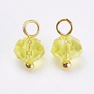 Electroplated Glass Charms, with Brass Findings, Rondelle, Faceted, Golden, Yellow, 9.5x5.5~6mm, Hole: 2mm(GLAA-P038-05G-01)