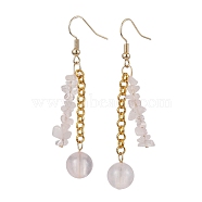 Round & Chip Natural Rose Quartz Dangle Earrings, Brass Tassel Earrings for Women, 62mm(EJEW-JE05867)