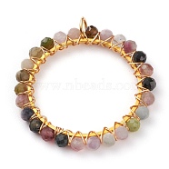 Natural Tourmaline Wire Wrapped Pendants, Faceted, with Golden Brass Rings and Copper Wire, 31x3mm, Hole: 3.5mm(PALLOY-JF00590-02)