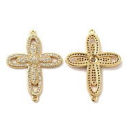 Brass Micro Pave Clear Cubic Zirconia Connetor Charms, Religion Cross Links, Golden, 33.5x24.5x2.5mm, Hole: 1.5mm(KK-A180-10G)