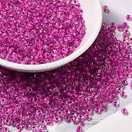 8/0 Transparent Glass Seed Beads, Inside Colours, Round Hole, Round, Magenta, 3~3.5x2mm, Hole: 1~1.2mm, about 450g/bag(SEED-F003-03B-06)