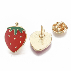 Alloy Brooches, Enamel Pin, Iron Pins and Brass Butterfly Clutches, Strawberry, Light Gold, Red, 21x15.5x11~12mm, Pin: 1mm(X-PALLOY-S132-076)
