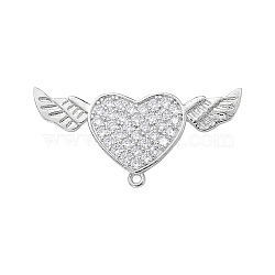 Brass Micro Pave Clear Cubic Zirconia Brooch Findings, with Loops, Heart with Angel Wing, Platinum, 34x16x6.5mm, Hole: 1.2mm(JEWB-YW0001-02P)