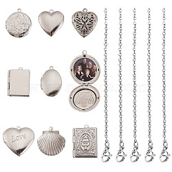 DIY Locket Pendant Necklace Making Kit, Including Oval & Heart & Shell & Book & Flat Round 304 Stainless Steel Diffuser Locket & Photo Frame Pendants, Cable Chains Necklace, Stainless Steel Color, 18pcs/box(DIY-SZ0008-17)