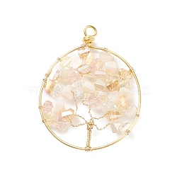 Electroplate Glass Pendants, with Real 18K Gold Plated Tone Eco-Friendly Copper Wire, Ring with Tree, Pink, 47~50x38~39x5~6mm, Hole: 2.5~4.5mm(PALLOY-JF01546-05)