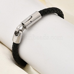 304 Stainless Steel Bracelets, Braided Leather Cord Bracelets for Women Men, Stainless Steel Color, 8.27 inch(21cm)(BJEW-D408-09P)