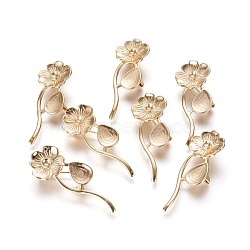 Brass Brooch Findings, Flower, Real 18K Gold Plated, Tray: 3mm, 16x46.5x7.5mm, Hole: 4.5x2.5mm, Pin: 0.8mm(KK-K233-23)
