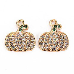 Autumn Theme Brass Micro Pave Cubic Zirconia Charms, Nickel Free, Real 18K Gold Plated, Pumpkin, Green & Clear, 13x11x3mm, Hole: 1.2mm(KK-S360-138A-NF)