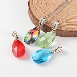 Glass European Dangle Charms, Large Hole Teardrop Beads, with Antique Silver Tone Alloy Tube Bails, Mixed Color, 34mm, Hole: 5mm(PALLOY-JF00114)
