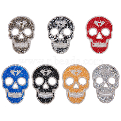 Skull Rhinestone Patches, Iron/Sew on Appliques, Costume Accessories, for Clothes, Bag Pants, Shoes, Cellphone Case, Mixed Color, 90x65x2mm, 7 colors, 1pc/color, 7pcs/set(DIY-FH0002-05)