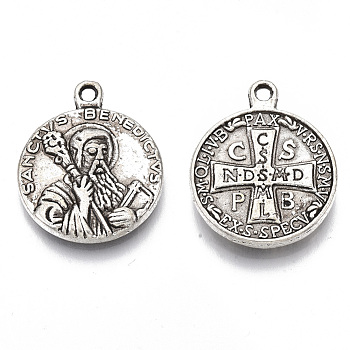 Tibetan Style Alloy Pendants, Cadmium Free & Lead Free, Flat Round with Saint & Word, Antique Silver, 21.5x17.5x3mm, Hole: 1.6mm, about 350pcs/1000g