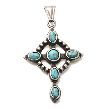 304 Stainless Steel Pave Dyed Synthetic Turquoise Pendants, Cross Charms, Antique Silver, Turquoise Color, 50x35x5.5mm, Hole: 7.5x3.5mm