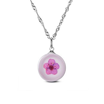 SHEGRACE Rhodium Plated 925 Sterling Silver Round Pendant Necklaces, with Flower Pattern, Spring Clasps, Platinum, 17.7 inch