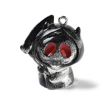 Halloween Theme Baking Painted Resin Pendants, with Enamel & Platinum Tone Stainless Steel Loops, Skull, 30.5x27.5x19mm, Hole: 2mm