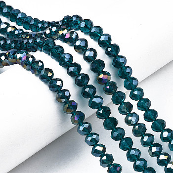 Electroplate Glass Beads Strands, AB Color Plated, Faceted, Rondelle, Teal, 2.9~3.3x2mm, Hole: 0.8mm, about 145~150pcs/strand, 34~35cm