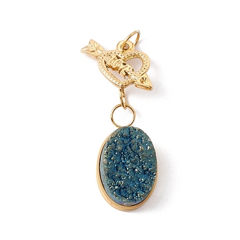 Electroplated Natural Druzy Quartz Pendants, with Ion Plating(IP) 304 Stainless Steel Findings, Blue Plated, Oval, Golden, 36mm, Jump Ring: 5x0.6mm, 3.8mm Inner Diameter