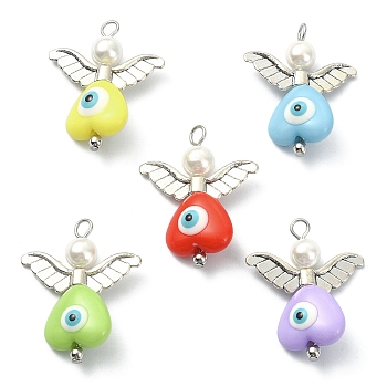 Tibetan Style Alloy Pendants, with Evil Eye Resin Beads and Round Shell Pearl Beads, Angel with Evil Eye, Mixed Color, 29x13.5x8mm, Hole: 2.6mm