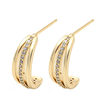 Brass with Clear Cubic Zirconia Stud Earrings, Crescent Moon, Light Gold, 18x6mm