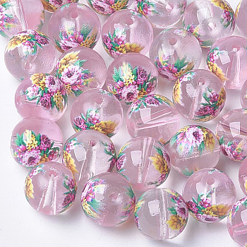 Printed & Spray Painted Transparent Glass Beads, Round with Flower Pattern, Pink, 10~10.5x9.5mm, Hole: 1.6mm