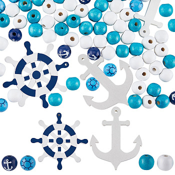 DIY Ocean Theme Jewelry Making Finding Kit, Including Natual Wood Anchor & Helm Big Pendants & Round Beads, Mixed Color, 155Pcs/bag