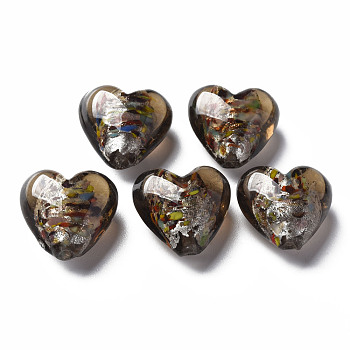 Handmade Lampwork Silver Foil Glass Beads, Heart, Coffee, 15~16x15.5x9~10mm, Hole: 1.2mm