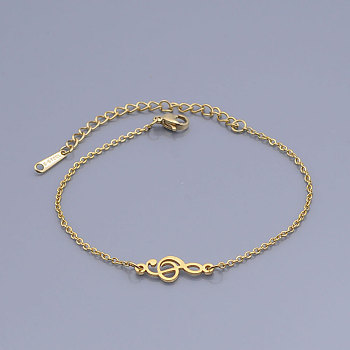 201 Stainless Steel Link Bracelets, with Lobster Claw Clasps, Treble Clef, Golden, 6-3/4 inch(17~17.1cm)