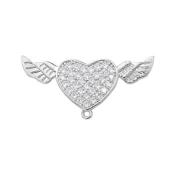 Brass Micro Pave Clear Cubic Zirconia Brooch Findings, with Loops, Heart with Angel Wing, Platinum, 34x16x6.5mm, Hole: 1.2mm