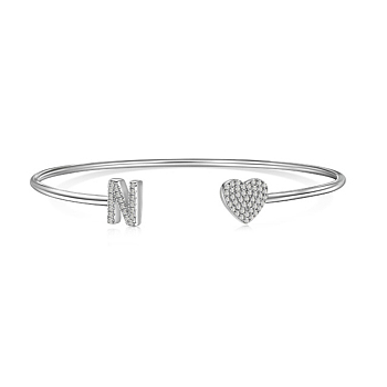 Heart & Letter Rhodium Plated 925 Sterling Silver Micro Pave Cubic Zirconia Cuff Bangles for Women, Letter N, 0.2~0.8cm, Inner Diameter: 1-7/8x2-1/4 inch(4.85x5.65cm) 
