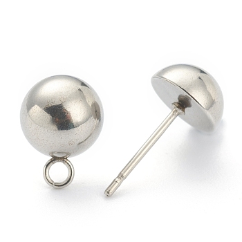 202 Stainless Steel Stud Earring Findings, with Loop, Half Round, Stainless Steel Color, 10.5x8mm, Hole: 1.6mm, Pin: 0.8mm