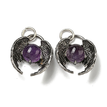 Bat Natural Amethyst Pendants, Rack Plating Brass Halloween Charms, Cadmium Free & Lead Free, Antique Silver, 27x22x9.5mm, Hole: 6mm